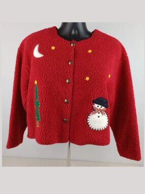 VTG Cottontail Originals Women 10 Red Christmas Sherpa Snowman Crop Cardigan